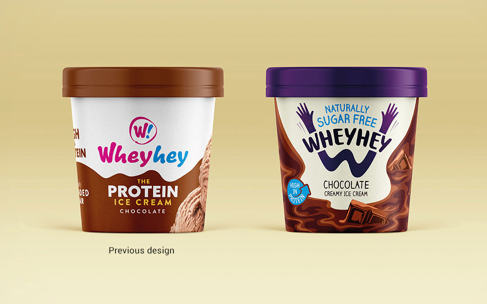 Wheyhey sugar free ice cream branding before and after - Rylands Brand Design