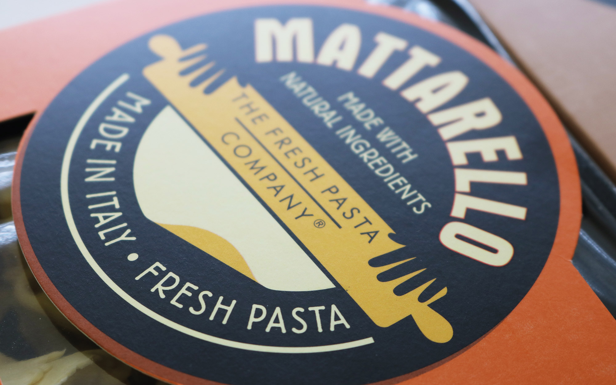 Mattarello fresh pasta packaging design close up - Rylands Brand Design
