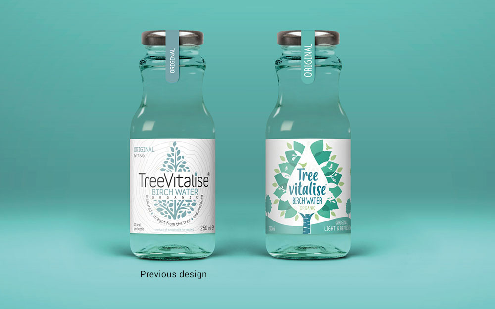 Treevitalise birch water packaging before and after - Rylands Brand Design